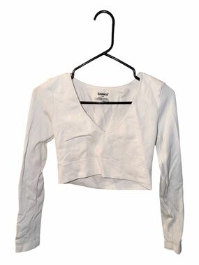 Garage White Ribbed V-Neck Cropped Long Sleeve Top